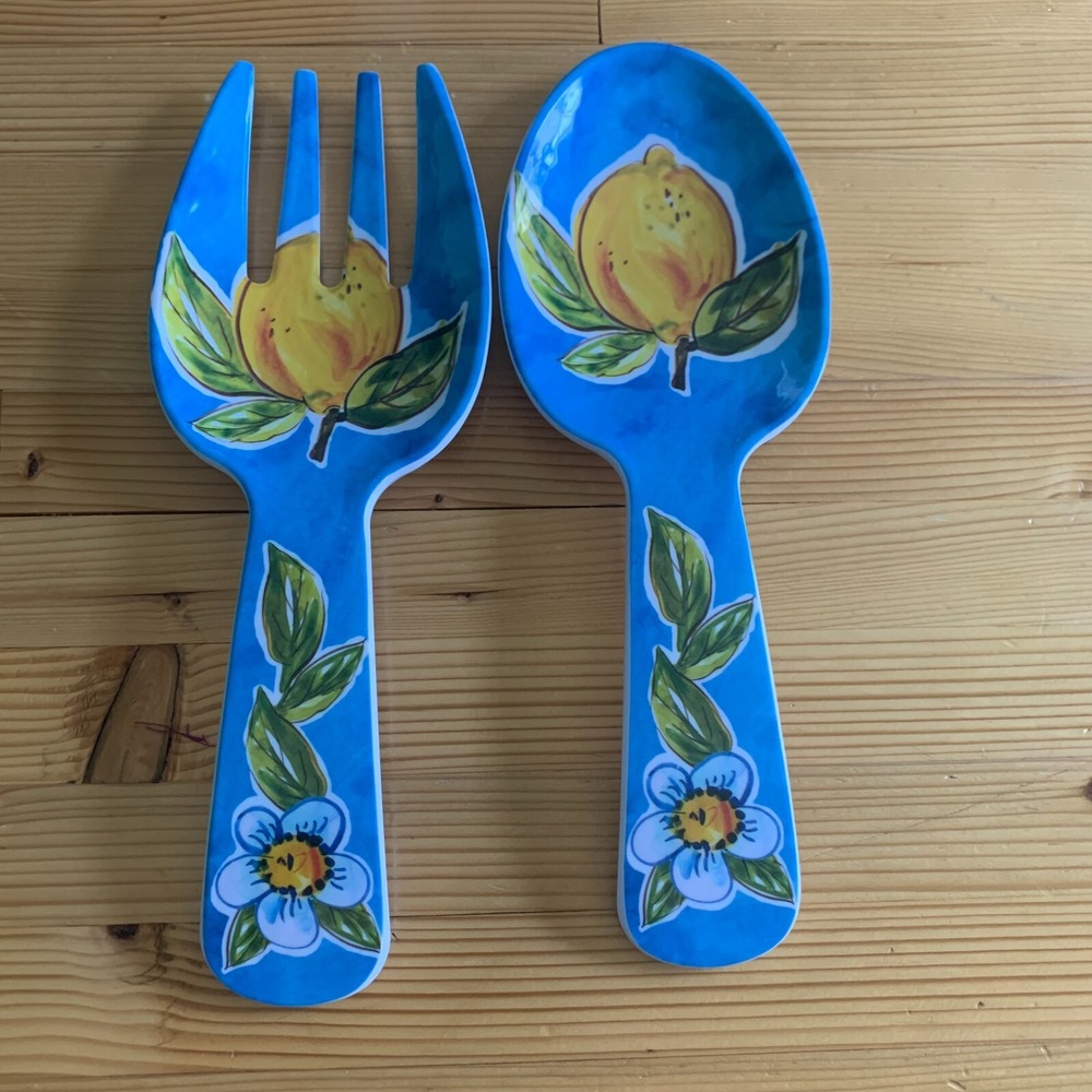Melamine Salad Serving Set Lemon Blue Floral 2 Piece Fork and Spoon 10.5 Inch